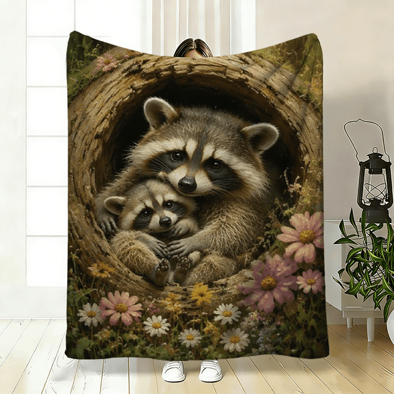 Soft Warm Fleece Blanket, Cozy Raccoon Floral Print Throw Blanket, Lightweight Bed Sofa Decor, Washable Fall Winter Holiday Gift, Perfect Creative Home Decor For Relaxing