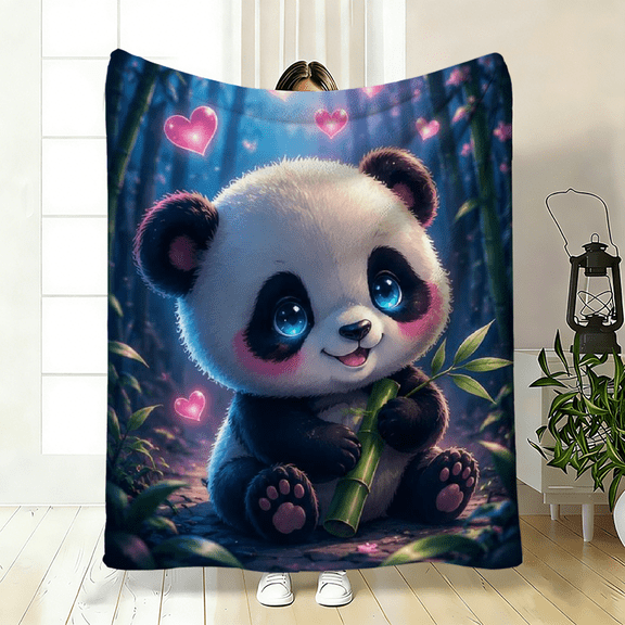 Soft Warm Fleece Blanket, Dreamy Love Panda Cartoon Print Throw Blanket, Lightweight Sofa Camping Decor, Washable All-Season Gift, Playful Decorative Winter Warmth For Travel