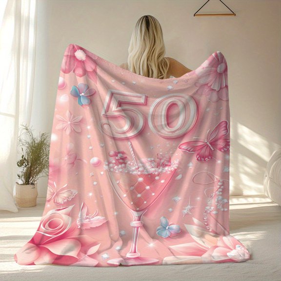 Soft & Warm Happy 50th Birthday Pattern Print Blanket Vibrant Pink & White Floral Design with Butterflies & "50" Center Perfect Gift for Mom, Aunt, Sister Great for Camping, Travel, Office & Home