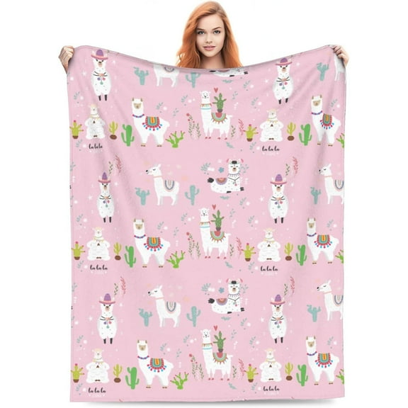 Soft Warm Pink Llama Throw Blanket, Lightweight Flannel Fleece, Reversible All-Season Bed Blanket, Perfect Gift for Home Decor