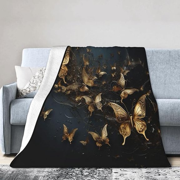 Soft Warm Throw Blanket For Couch Living Room Fantasy Golden Butterfly Pattern Cozy Fuzzy Throw Blanket For Sofa Bed Blanket 60" x 80"
