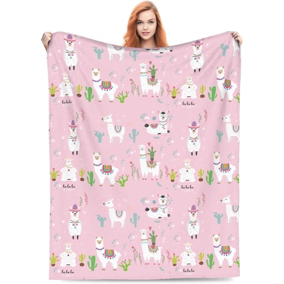 Soft Warm Throw Blanket Lightweight Flannel Fleece Bed Blanket Gift for Home Decor Cute Llama Pink 80"x60"