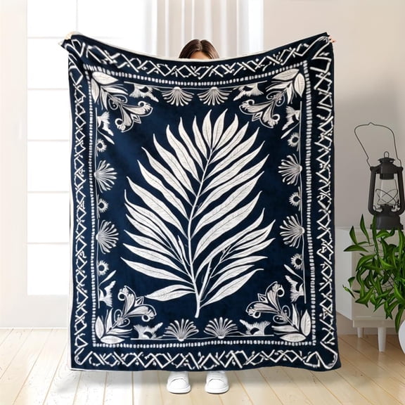 Soft Warm Tropical Palm Leaf Throw Blanket - Blue Tie-Dye, Bohemian Style for Naps, Camping, Travel, Home Decor, Gift for Family Friends Lovers