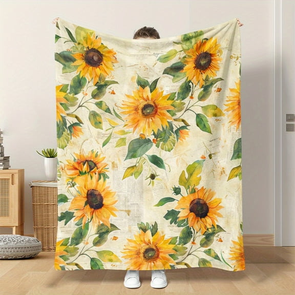 Soft & Warm Vintage Watercolor Sunflower Blanket Oversized Cozy Throw with Vibrant Floral Print Light Beige Background Snuggling Gift Item Sunflower Pattern