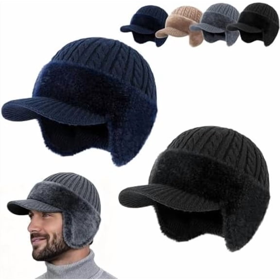 Soft Warm Wool Lined Trapper Blocking Knitted Hats,Winter Trapper Hat with Ear Flaps and Brim for Men Cold Weather