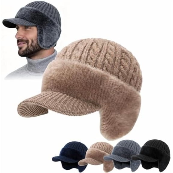Soft Warm Wool Lined Trapper Blocking Knitted Hats,Winter Trapper Hat with Ear Flaps and Brim for Men Cold Weather