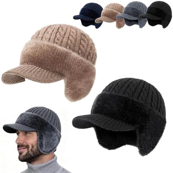Soft Warm Wool Lined Trapper Blocking Knitted Hats,Winter Trapper Hat with Ear Flaps and Brim for Men Cold Weather