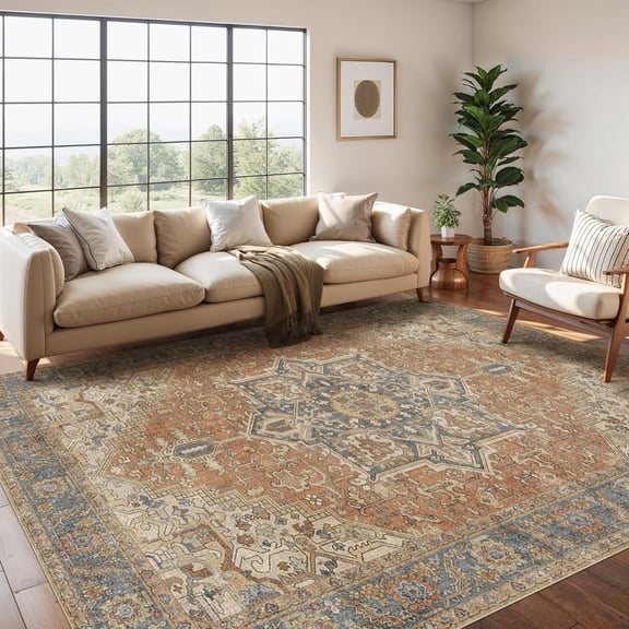Soft Washable Area Rugs For Living Room And Bedroom With Vintage Distressed Orient Medallion Design, Non-Slip Low Pile Stain Resistance Terracotta Brown-3x4ft