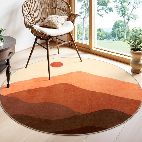 Soft Washable Non-Slip Sun and Mountain Circle Room Rugs,Chic Faux Wool Low-Pile Circular Throw Rugs for Entryway/Bedroom/Nursery/Living Room/Bathroom
