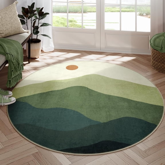 Soft Washable Non-Slip Sun and Mountain Circle  Room Rugs,Chic Faux Wool Low-Pile Circular Throw Rugs for Entryway/Bedroom/Nursery/Living Room/Bathroom