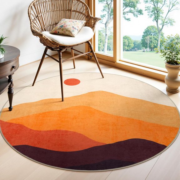 Soft Washable Non-Slip Sun and Mountain Circle  Room Rugs,Chic Faux Wool Low-Pile Circular Throw Rugs for Entryway/Bedroom/Nursery/Living Room/Bathroom
