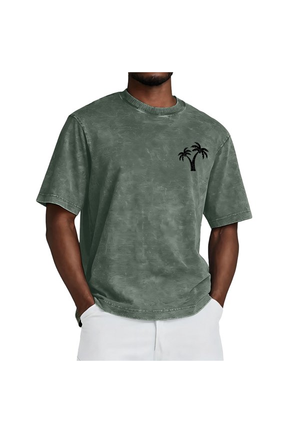 Soft Washed Cotton Mens Oversized Crew T-Shirt Retro Palm Tree Sunset Print Short Sleeve Daily Summer Beach Tees Army Green M