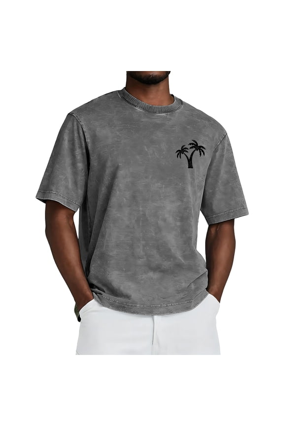 Soft Washed Cotton Mens Oversized Crew T-Shirt Retro Palm Tree Sunset Print Short Sleeve Daily Summer Beach Tees Gray 4XL