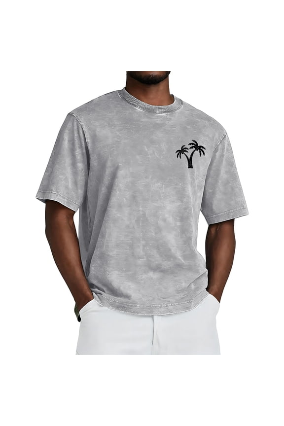 Soft Washed Cotton Mens Oversized Crew T-Shirt Retro Palm Tree Sunset Print Short Sleeve Daily Summer Beach Tees Light Gray 5XL