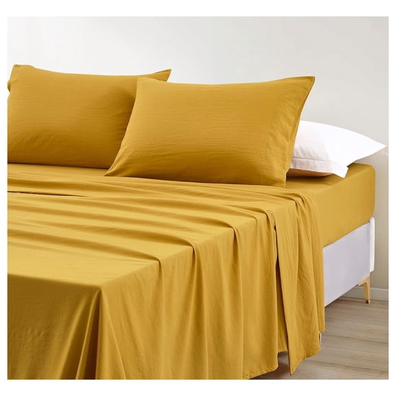 Soft Washed King Bed Sheet Set - 4-Piece Brushed Microfiber Wrinkle & Fade Resistant 14-Inches Deep Pocket Sheets & Pillowcases Set - King, Mustard Yellow