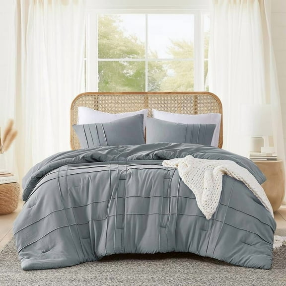 Soft Washed Pleated Bedding Sets with Pintuck Pleated Design, Comforter Set, Extra Softness Premium Microfiber Filling, All Season Lightweight