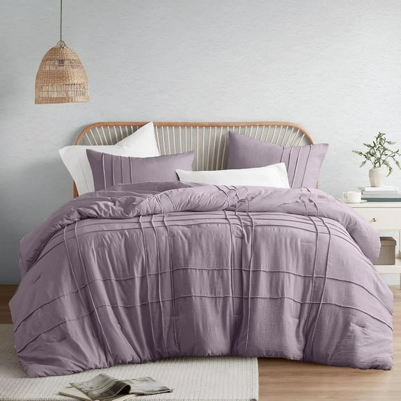 Soft Washed Pleated Comforter Set with Pintuck Pleated Design, Extra Softness Premium Microfiber Filling, All Season Lightweight, Stacie
