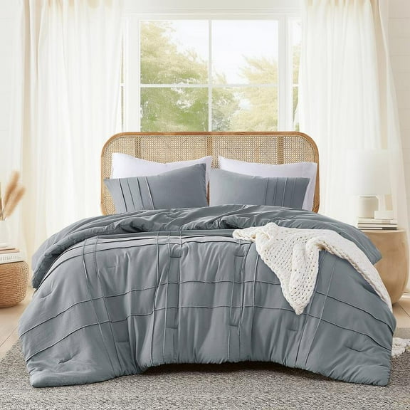 Soft Washed Pleated Comforter Set with Pintuck Pleated Design, Extra Softness Premium Microfiber Filling, All Season Lightweight, Stacie
