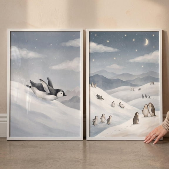 Soft Watercolor Arctic Penguin Wall Art Set of 2 nursery snow mountain decor winter baby animal print night sky nursery illustration Set 2