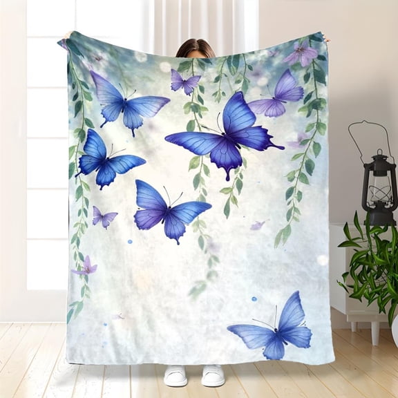 Soft Watercolor Butterfly & Vine Throw Blanket - Lightweight Cozy All-Season Pastel Floral Bedspread Sofa Cover, 100% Polyester 280gsm for Bed Couch