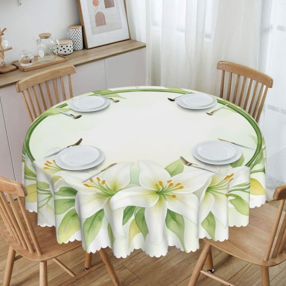 Soft Watercolor Lily Wreath Round Tablecloth Waterproof Oil-Proof Plastic Table Cloth Stain-Resistant Wipeable 60" for Camping, Dining, Indoor and Outdoor