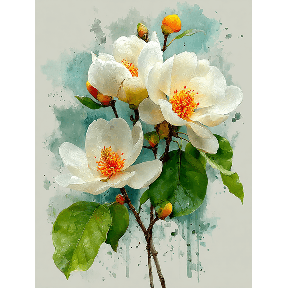 Soft Watercolor Magnolia Canvas Wall Art, Elegant White Flower Green Leaf Print, Minimalist Home Decor