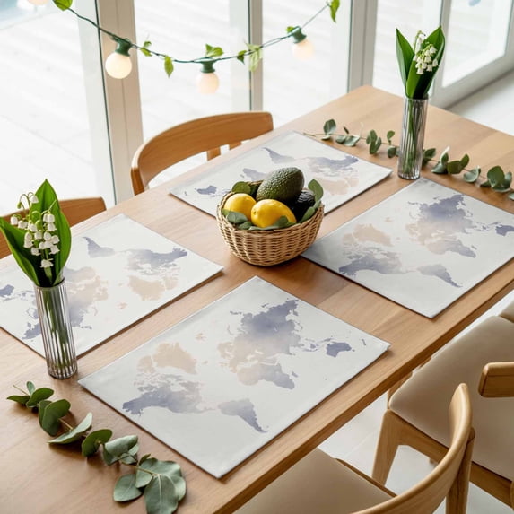 Soft Watercolor World Map Placemats Set of 4,Wipeable Washable Table Mats for Dining Tables, Minimalist Travel Art Print Place Mats for Kitchen Event Party Tabletop Decor