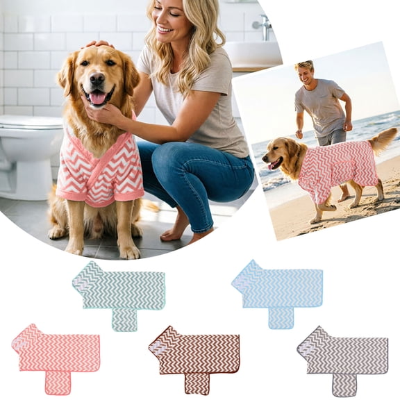 Soft Wave Pattern Dog Bath Robe Super Water Absorption Pet Drying Towel Coat Adjustable V Neck Dog Wrap for Outdoor Beach Swimming Post Bath Grooming Pet Daily Drying Apparel