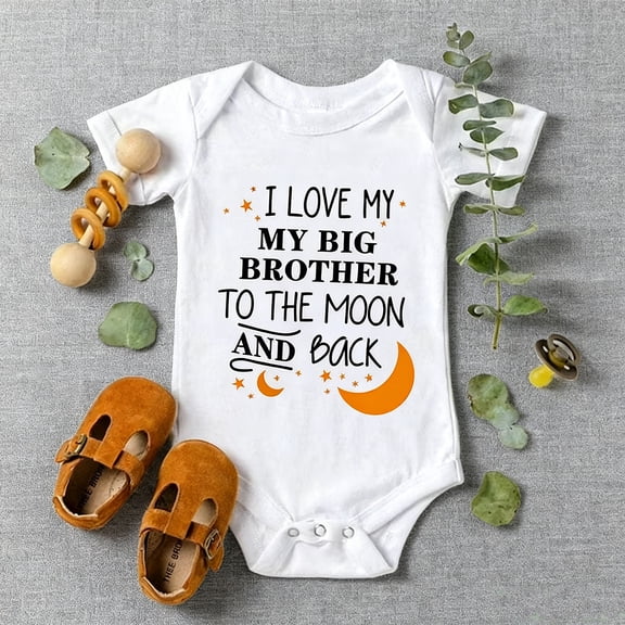 Soft White Baby Boy Romper - "Baby Brother to the Moon and Back" Short Sleeve Outfit with Stars & Moon Design for Newborns