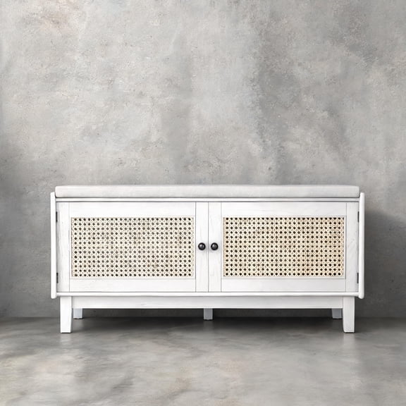 Soft White Boho Rattan Entryway Storage Bench, 2-Person Seating Shoe Organizer for Hallway with Adjustable Storage