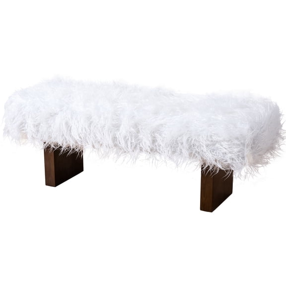 Soft White Faux Fur & Sturdy Walnut Frame - Kid and Pet-Friendly Ottoman Bench for Mid - Century Modern Homes
