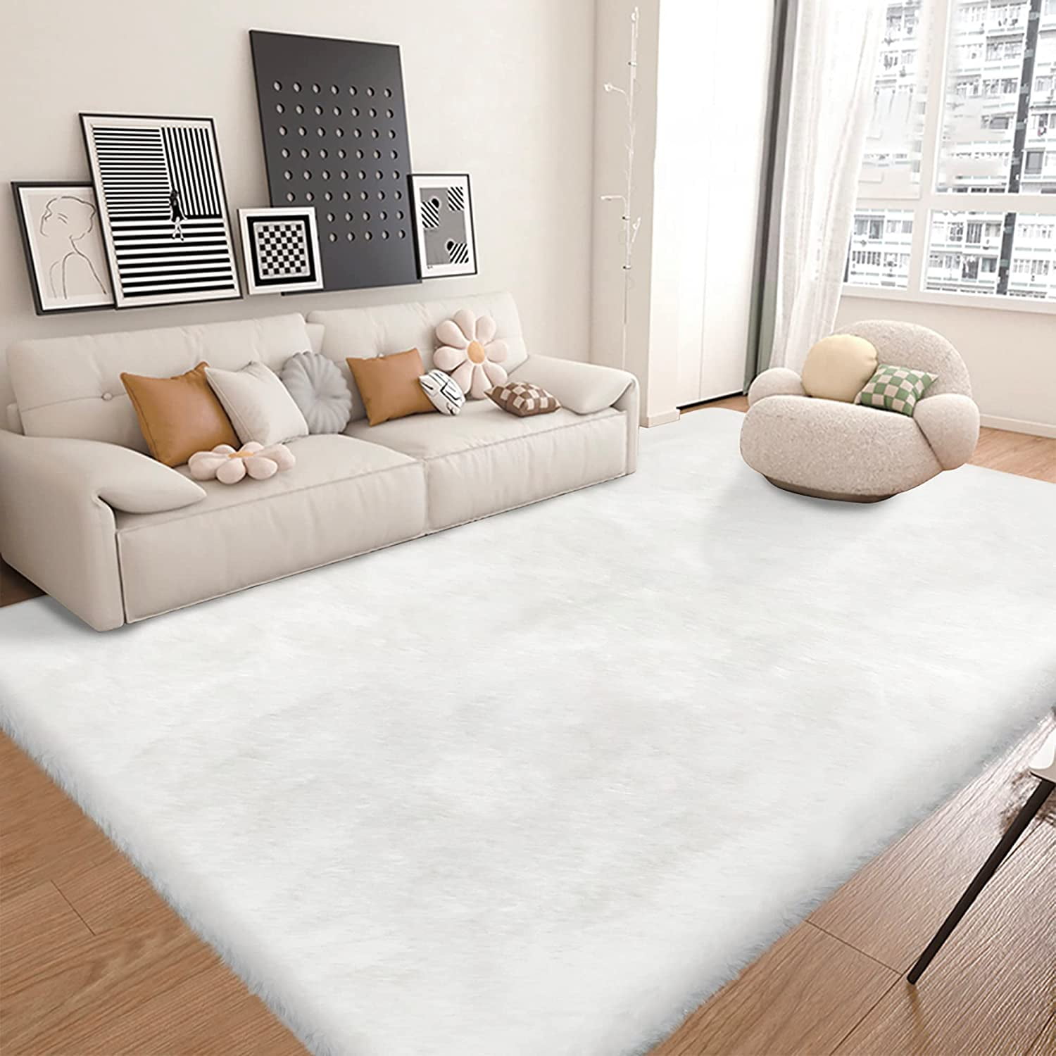 Soft White Fluffy Area Rug 6x9 Faux Rabbit Washable Fur Rugs for