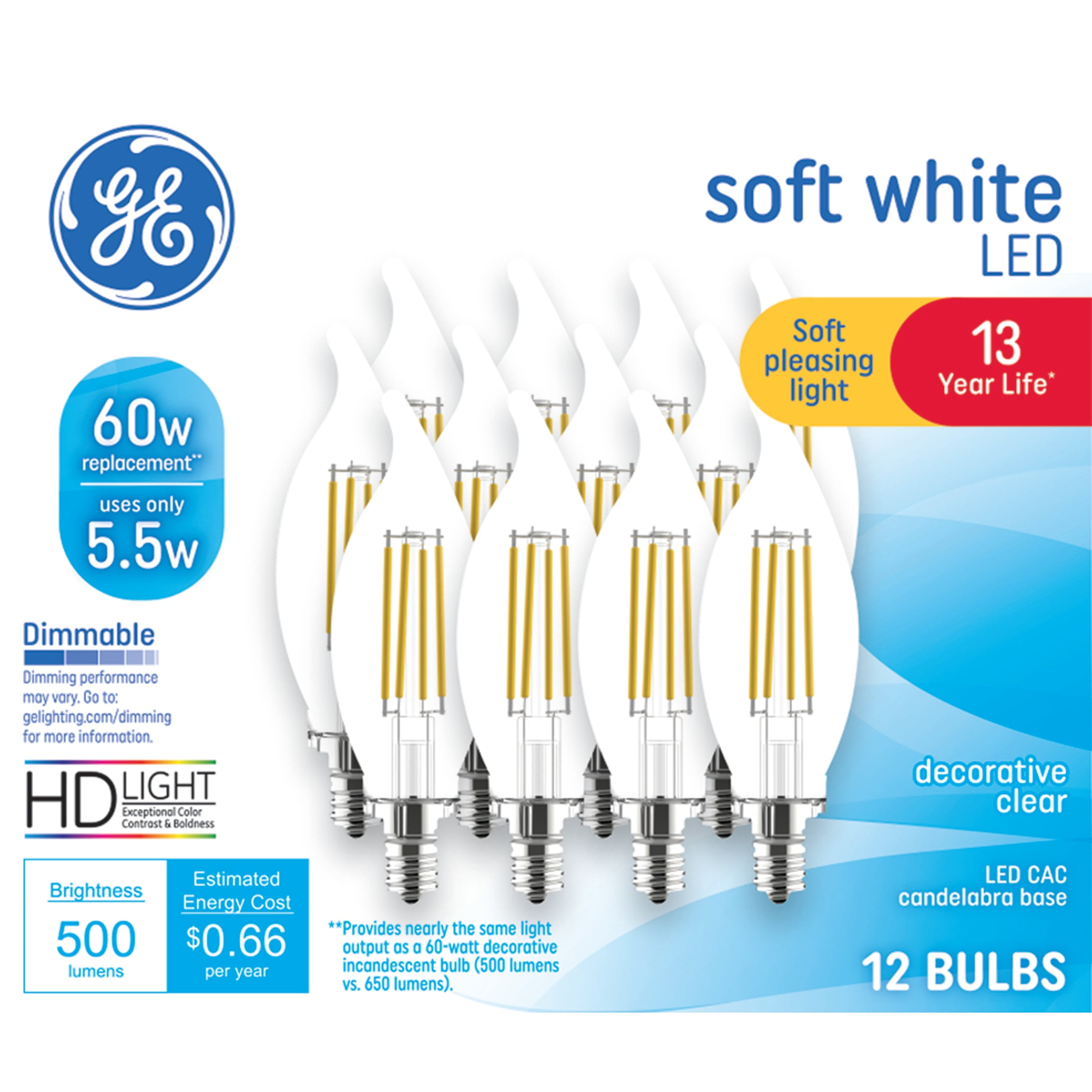 GE LED Light Bulbs, 60 Watt Replacement, Soft White, CA11 Decorative Candle Bulbs, 12pk