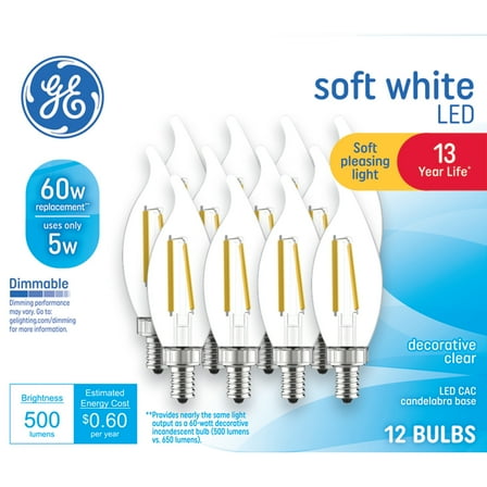GE LED Light Bulbs, 60 Watt Replacement, Soft White, CA11 Decorative Candle Bulbs, 12pk