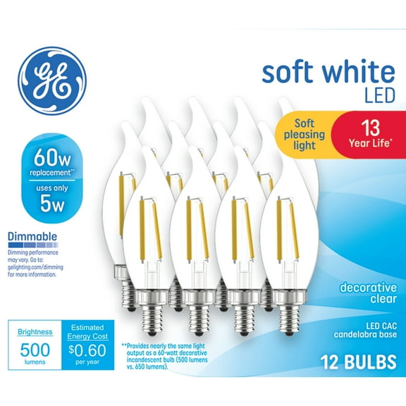 GE LED Light Bulbs, 60 Watt Replacement, Soft White, CA11 Decorative Candle Bulbs, 12pk