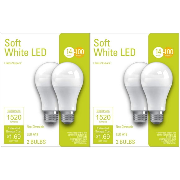 Soft White LED Light Bulbs  100W Equivalent, 1520 Lumens, Non-Dimmable, A19, Energy Efficient (4-Pack)