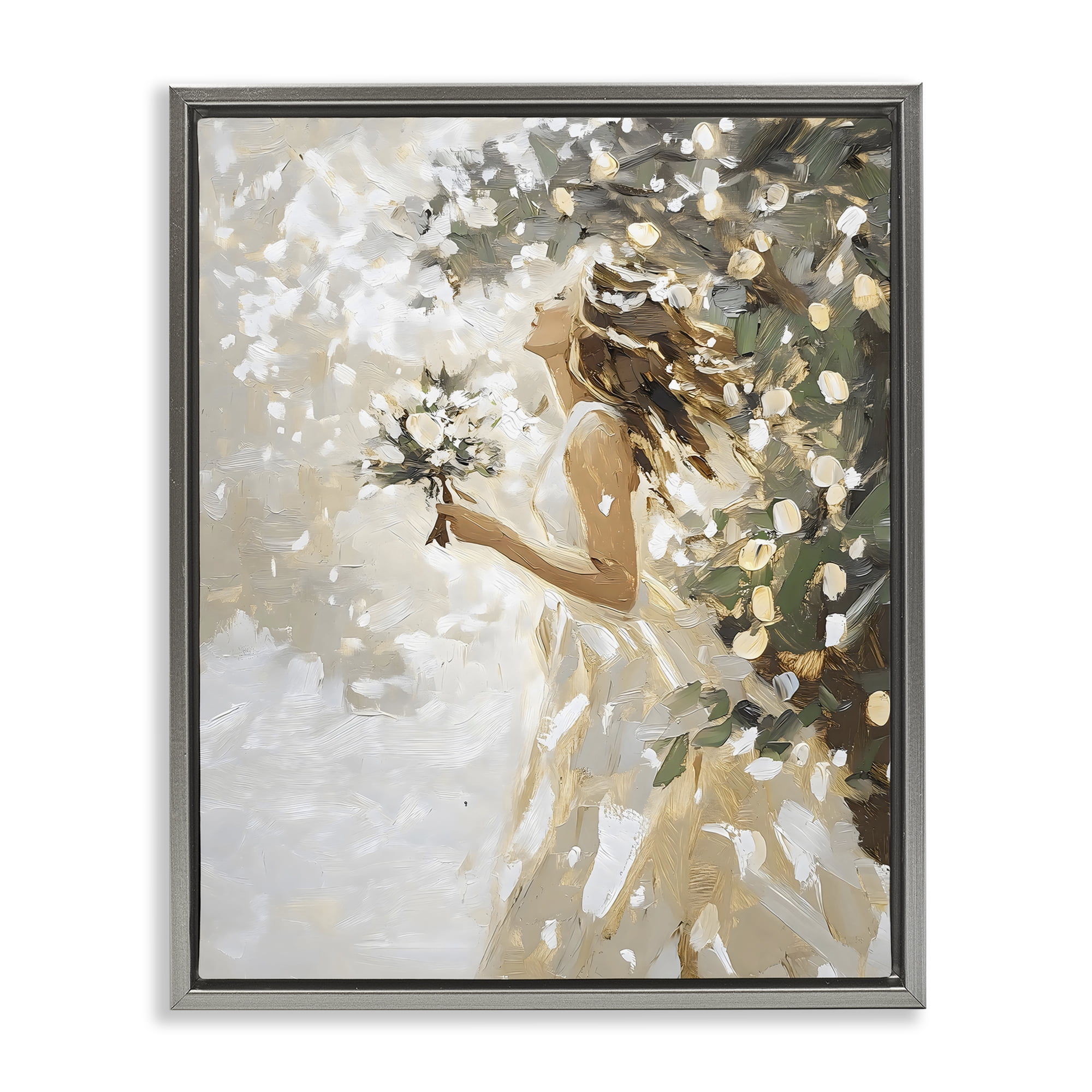 Soft White Snow Flurry Gray Framed Floater Canvas Wall Art, design by LSR Design Studio