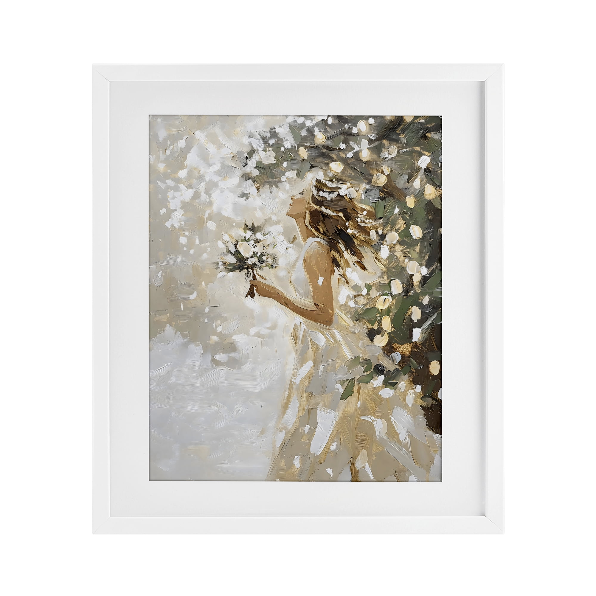 Soft White Snow Flurry White Framed Print Under Glass, design by LSR Design Studio