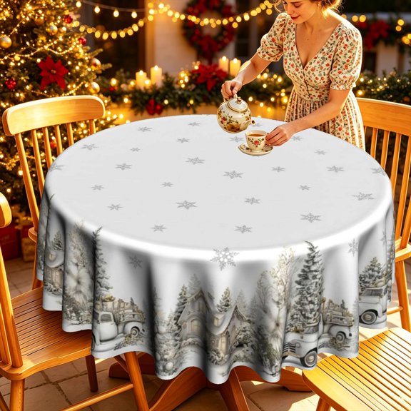 Soft White Snow Town Pine Tree Pattern Polyester Round Tablecloth,35/50/60/70 inch, Tabletop Decoration