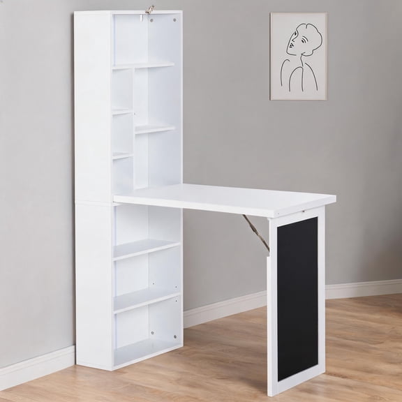 Soft White Wall Mount Convertible Desk, Compact Fold-out Multi-Function Workstation with Particle Board Construction