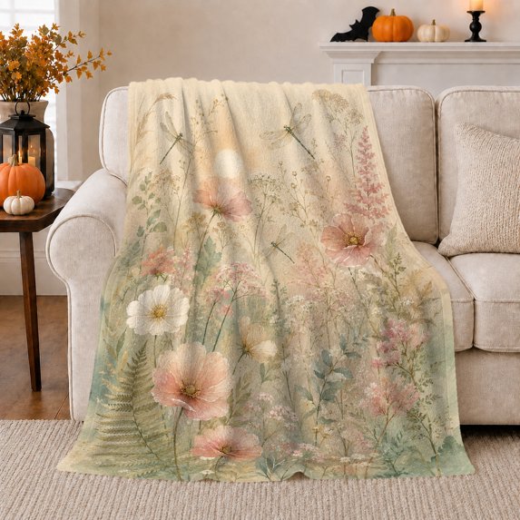 Meadow Flowers With Hovering Dragonflies, Cozy Flannel Blanket for Wildflower Enthusiasts, Gentle Watercolor Meadow Illustration Home Decor for Bedroom and Sunroom, Mother's Day Gift