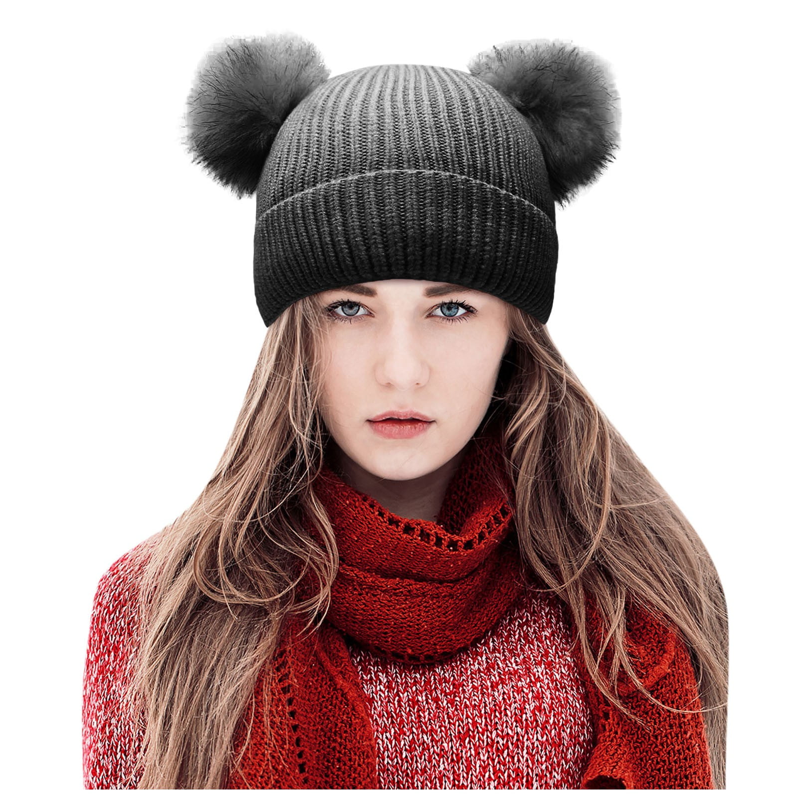 Soft Winter Women's Cap Warm Cable Knit Cute With Ears Ball Hat ...