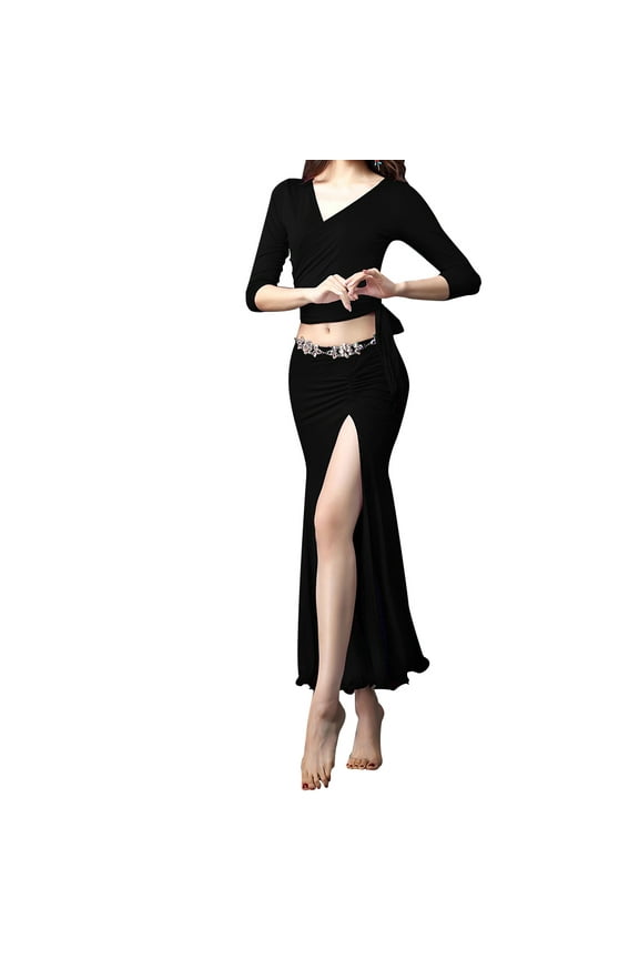 Soft Women Lady Girl Separate Dancewear Belly Dance Gym Practice Clothes Top Skirt (Black L)