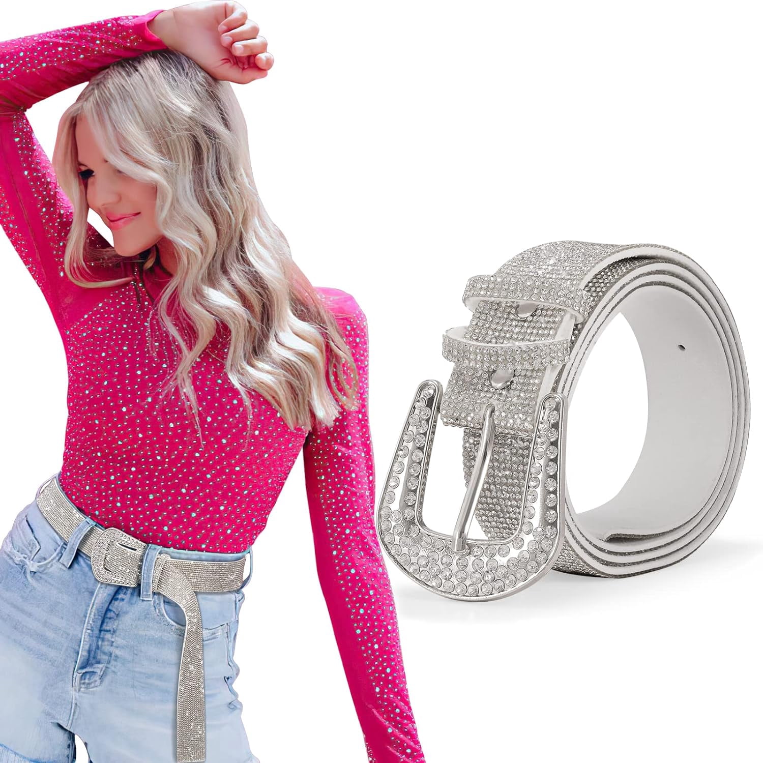 Rhinestones Leather Belts for Women Disco Bling Studded Belt for Jeans Pants Women Rhinestones Belts Studded Leather Belt Waist Belt For  main image 2