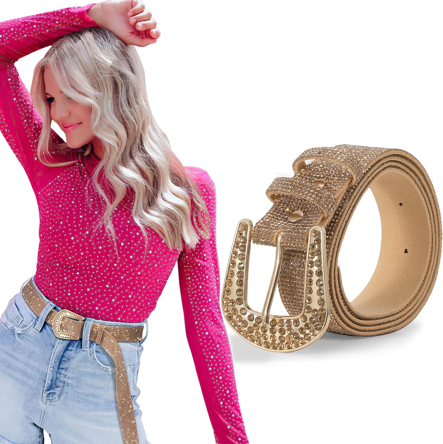 Soft Women Rhinestone Belt Bling Studded Leather Belt for  display picture 1