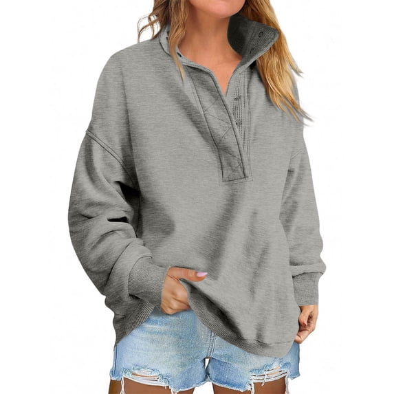 Soft Womens Oversized Henley Collar Sweatshirt with Button Closure Fleece Lined Long Sleeve Pullover for Casual Daily 2026 Light Gray S