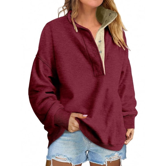 Soft Womens Oversized Henley Collar Sweatshirt with Button Closure Fleece Lined Long Sleeve Pullover for Casual Daily 2026 Wine M