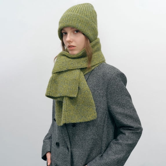 Soft Wool-Blend Knit Scarf & Hat Set - Warm Winter Two-Piece Accessory Collection for Men and Women,167x24/25x24 cm,Matcha Green