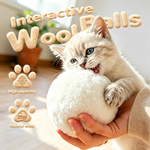 Soft Wool Felt Cat Ball Toy, High Elastic White Wool Pom Pom Ball, Indoor Kitten Interactive Play Toy, Quiet Lightweight Fur Ball for Cats Chasing Biting Training