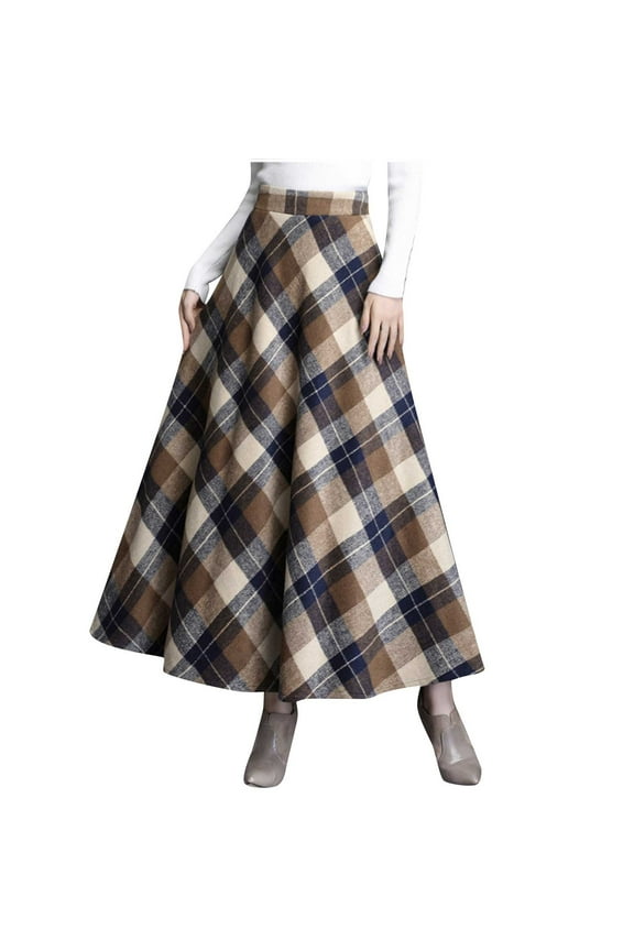 Soft Wool Maxi Skirts for Women High Waist A Line Plaid Long Skirt Fall Winter Casual Plus Size Swing Skirts S-3XL (XX-Large, Khaki)